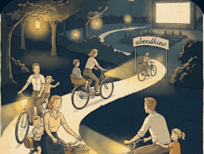Illustration: familien radeln in der dämmerung mit decken am gepäckträger zum open-air-kino im park