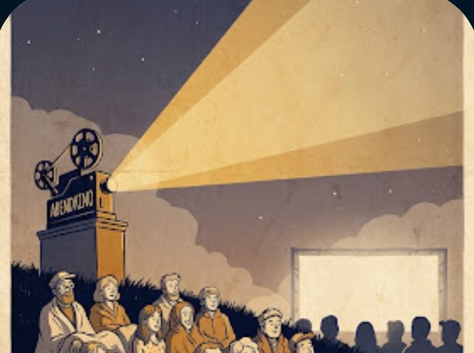 Illustration: der projektor wirft sein lichtbündel über die köpfe des publikums auf die leinwand