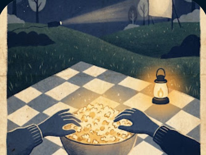 Illustration: hände teilen popcorn auf einer karierten decke, daneben leuchtet eine laterne